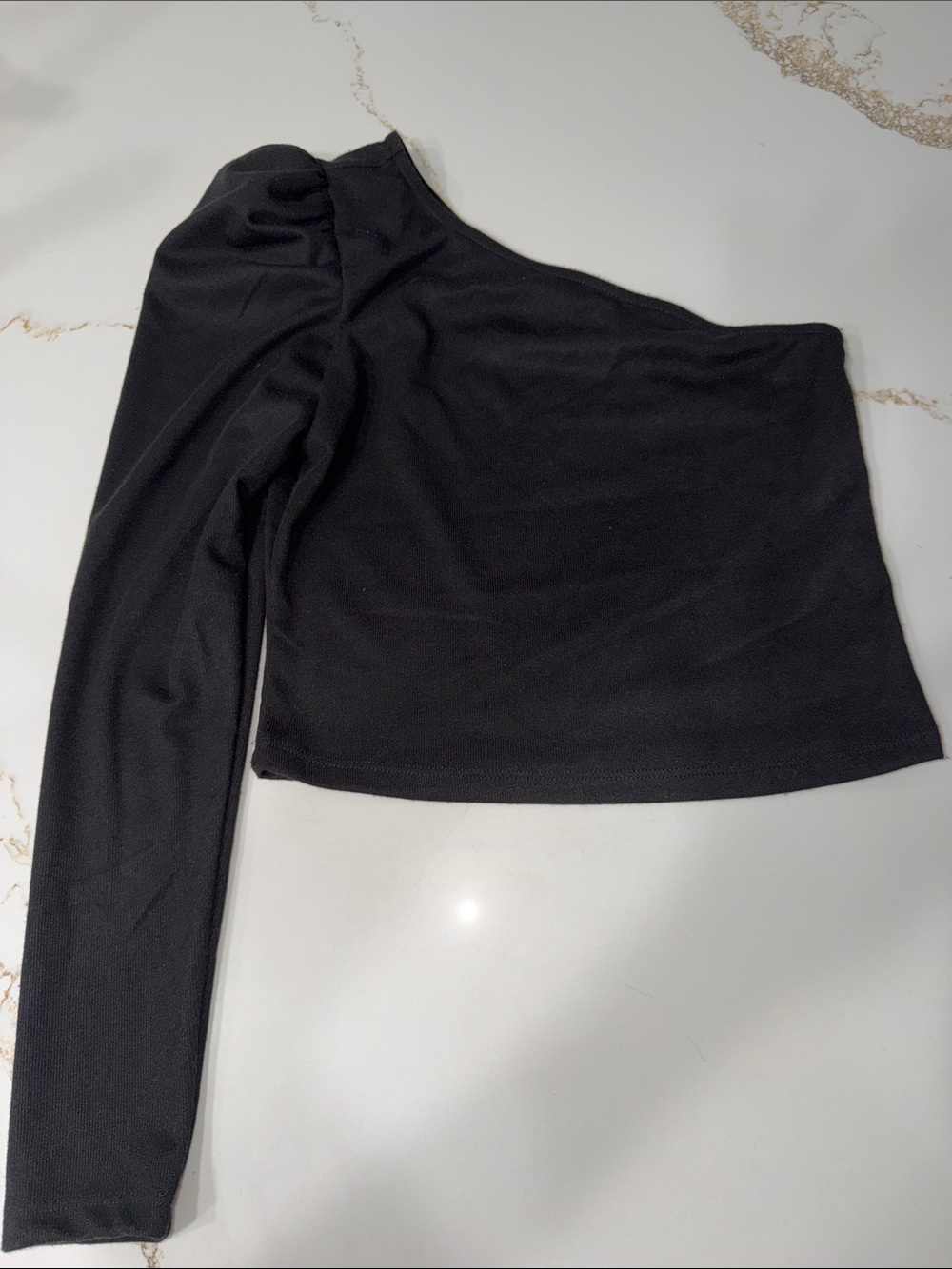 Open edit One-Shoulder Black Long-Sleeve Knit Crop Top | S